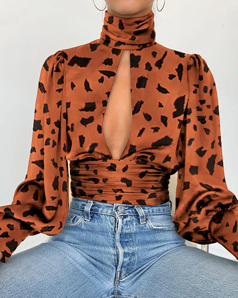 

2020 Women Fashion Elegant Backless Long Sleeve High Neck Leopard Print Party Blouse Leopard Cut Out Chest Tight Waist Blouse