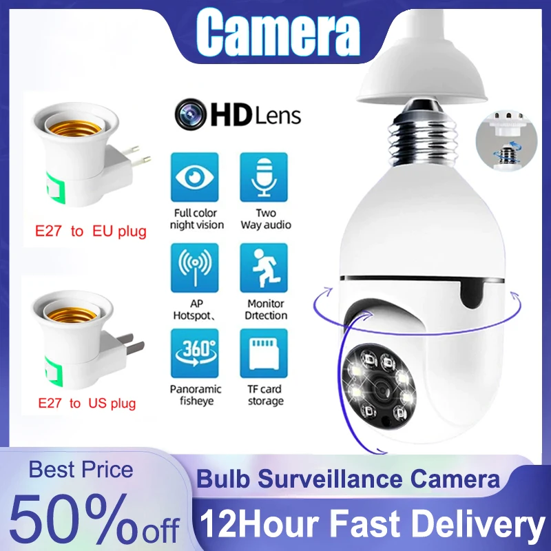 E27 200W Bulb Surveillance Camera Night Vision Full Color Automatic Human Tracking Zoom Indoor Security Monitor Wifi | Безопасность и