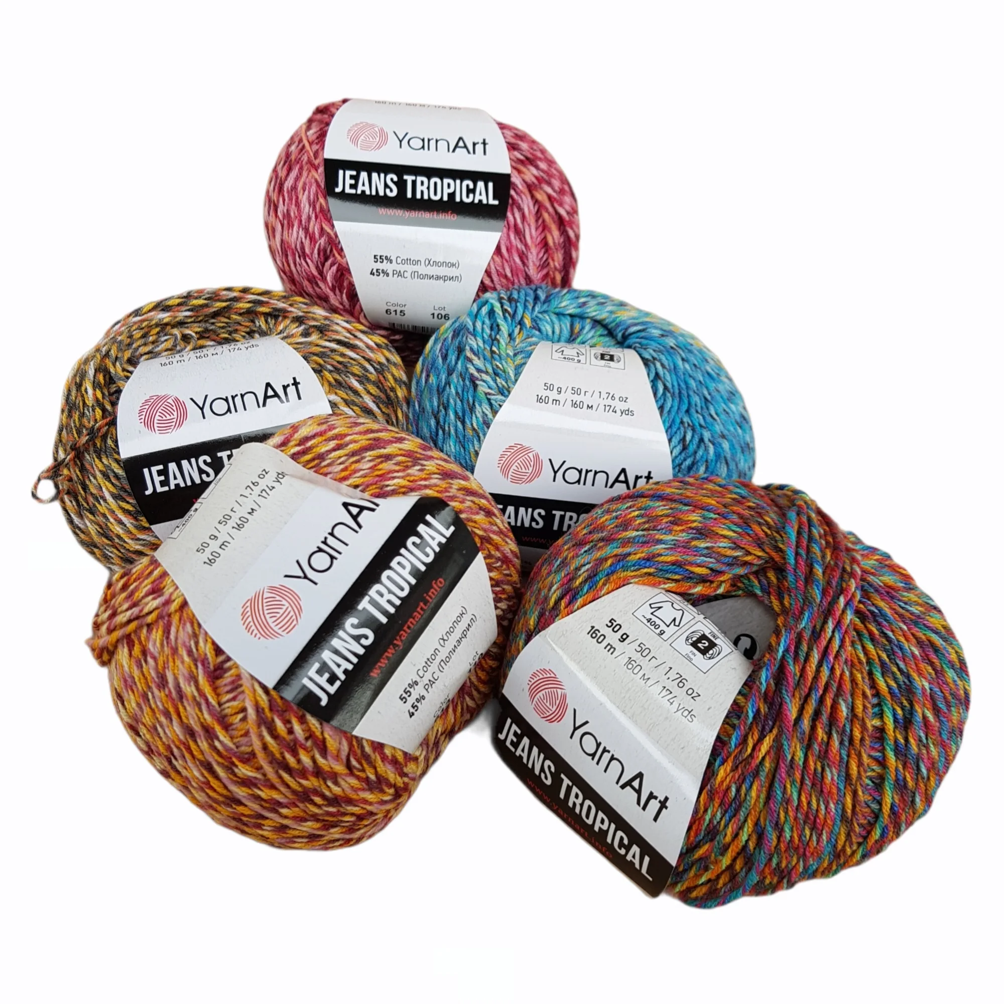 55% Cotton 45% Pac YarnArt Jeans Tropical Multicolor Sport Yarn 1  Skein/Ball 50 gr 174 yds (612)