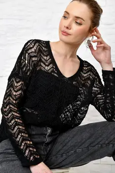

Trend Alacati Style Women Black V-Neck Cellular Thin Knitwear Bluz ALC-X3618