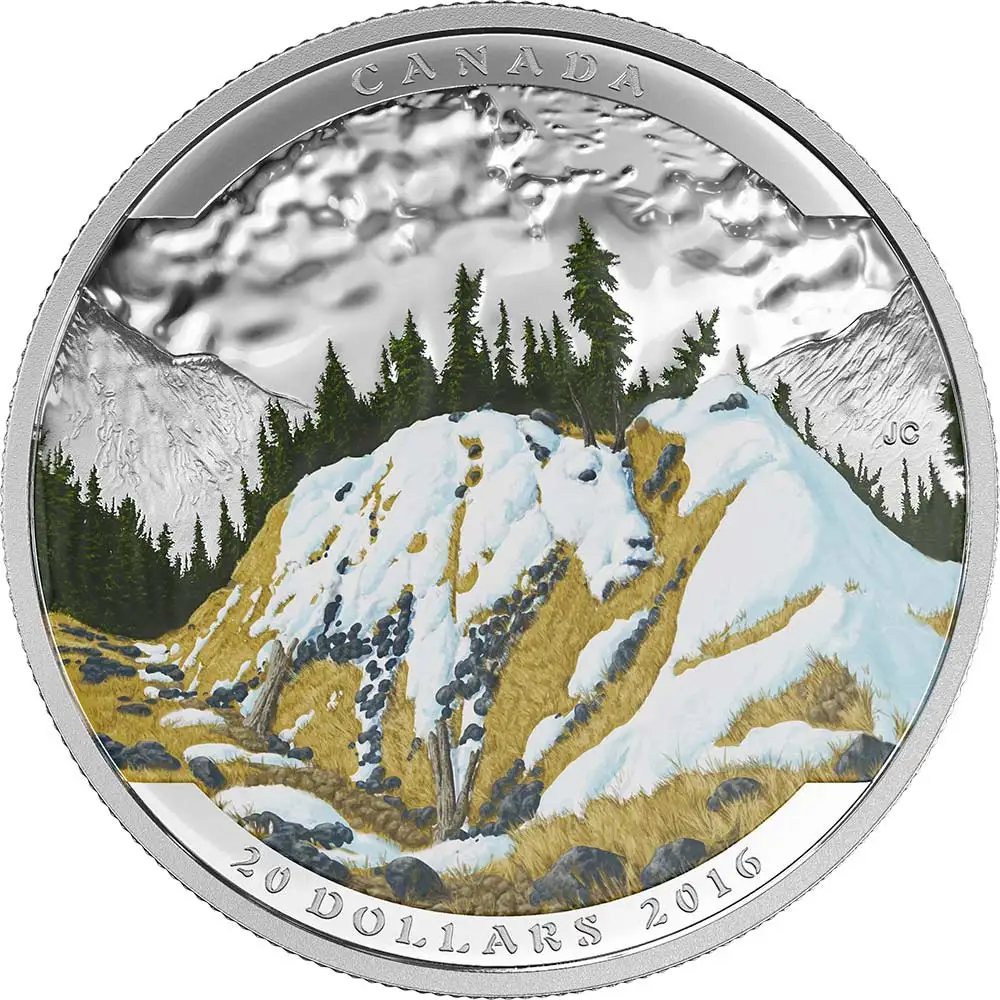 Горный козел пейзаж Иллюзия Серебряная монета 20$ Канада