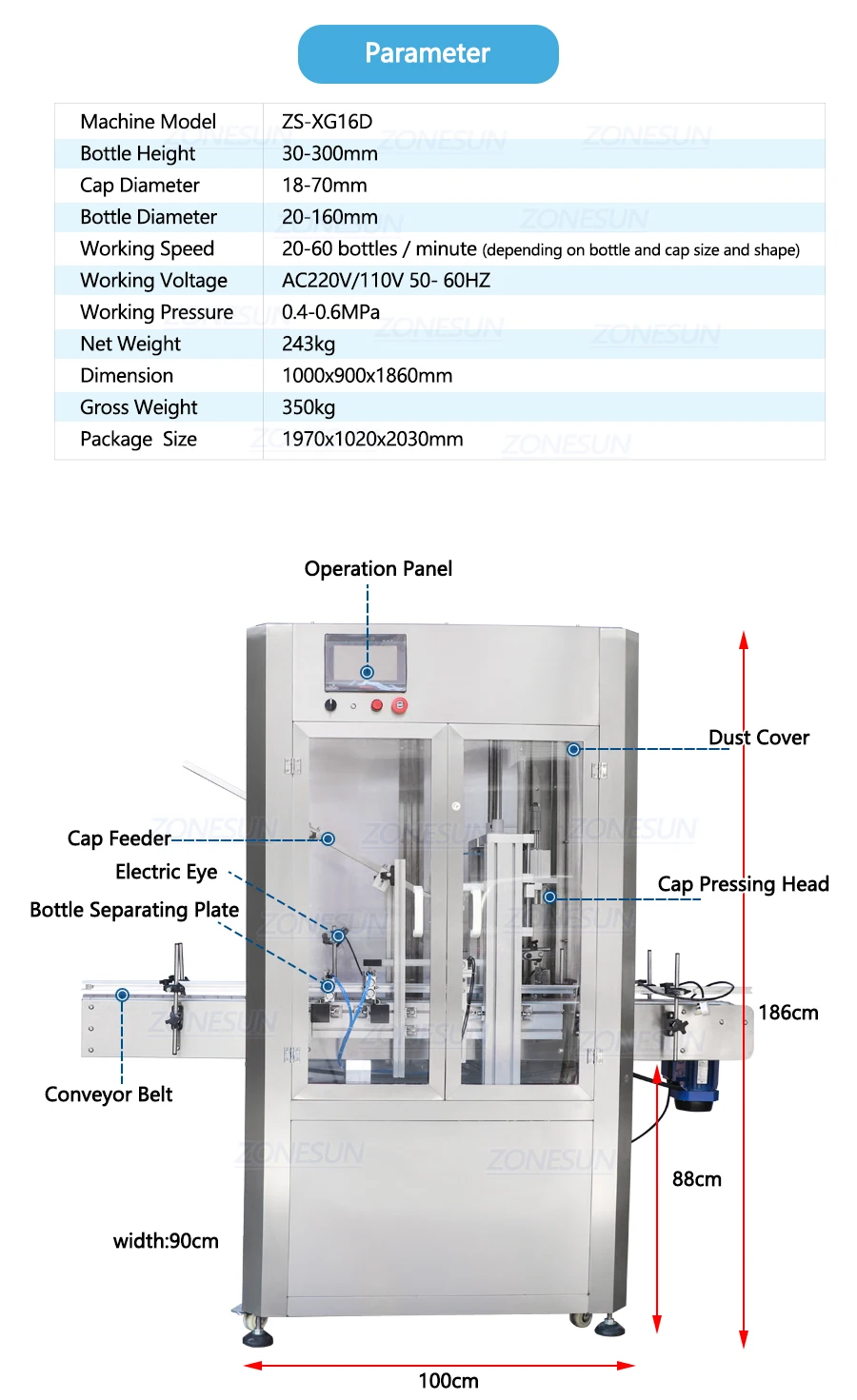 ZONPACK ZS-XG16D Automatic Vertical Cork Glass Wine Bottle Capping Crimping Pressing Machine With Dust Cover