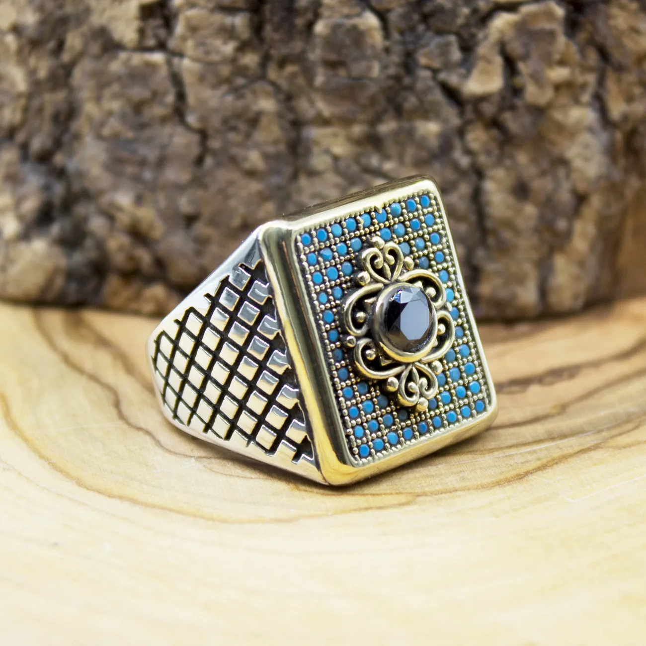 

925 Silver & Ring for Men with Black Zircon and Turquoise Stone (Made in Turkey)