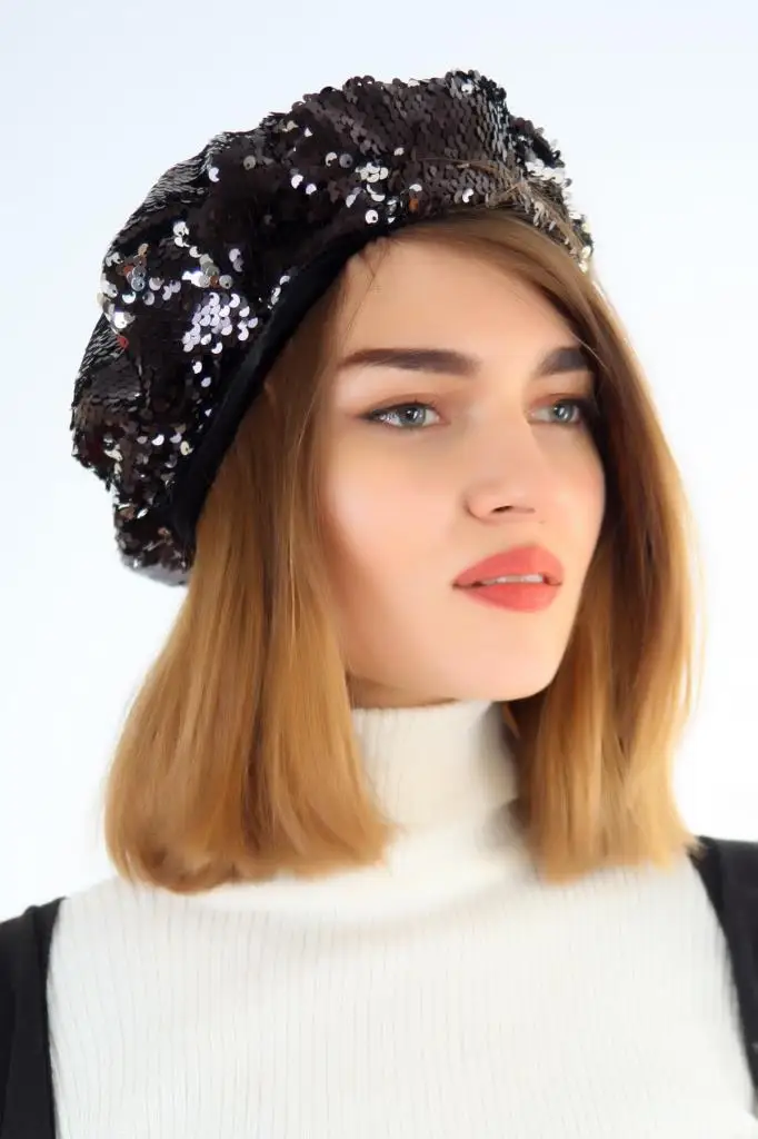 11349 блёстки блестками черный серый берет художника