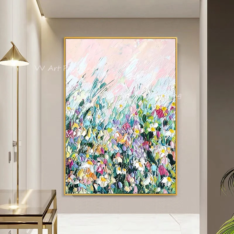 

Handmade colorful flower thick knfie pink and green canvas large size landscape oil painting porch aisle for living room artwork