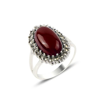

Silver 925 Sterling Red Agate & Marcasite Ring