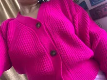 LUNDUNSHIJIA 2020 nueva primavera y otoño de las mujeres es holgado de punto suéteres señoras con cuello en V y manga larga de moda Rosa Cardigan rojo abrigos