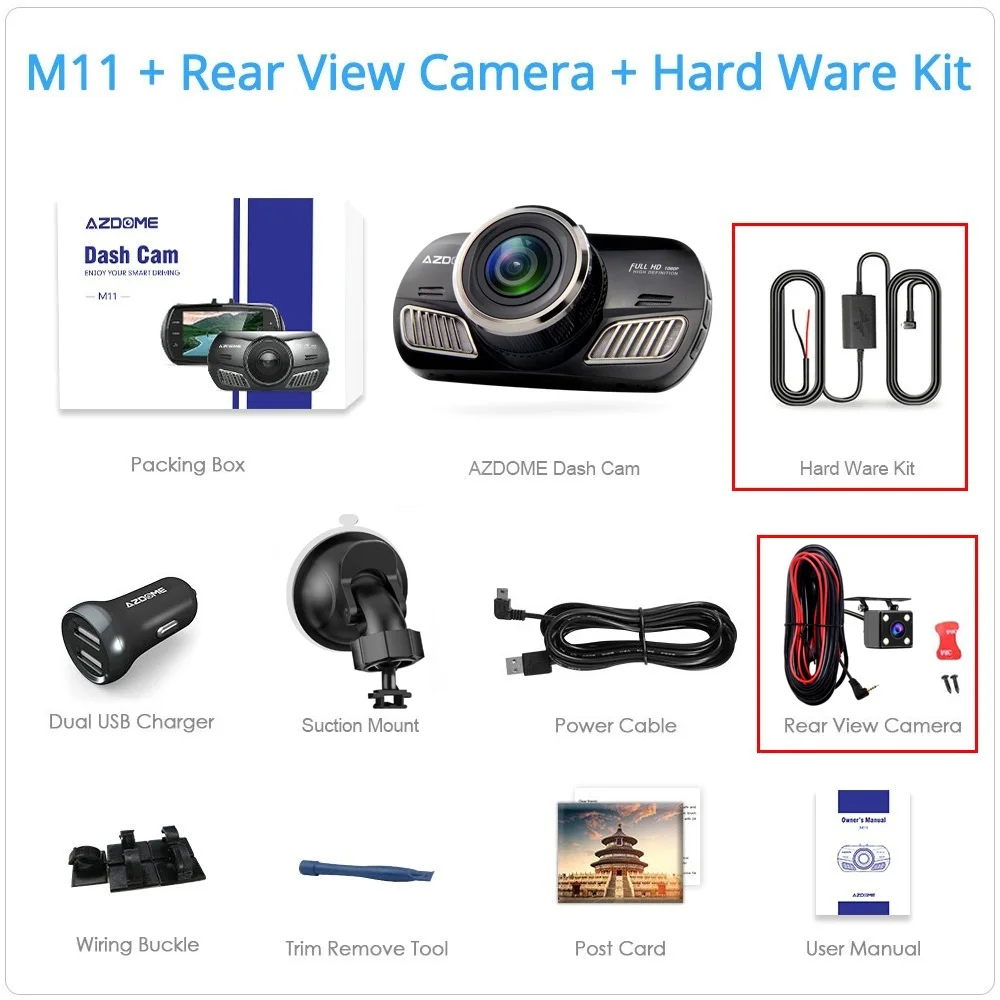 AZDOME M11 3 дюймов 2.5D ips Экран Dash Cam Видеорегистраторы для автомобилей Регистраторы HD 1080P Двойной объектив автомобиля видео камера приборной панели Ночное видение тире Камера gps - Название цвета: M11-RVC-HWK