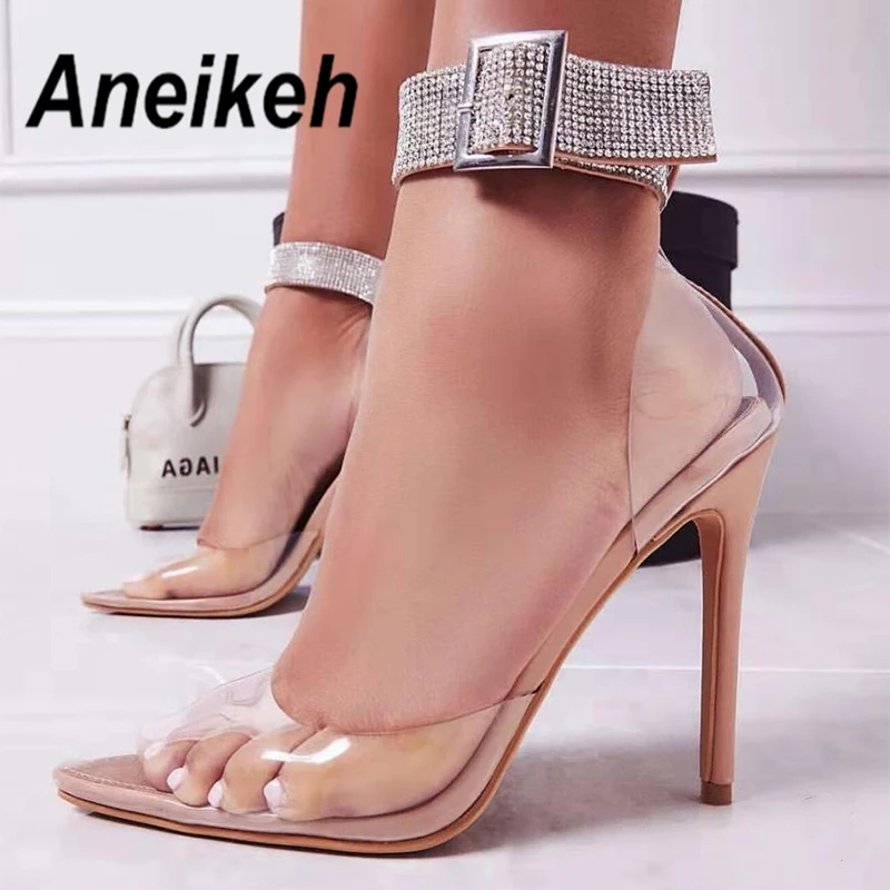 

Aneikeh 2020 Concise Fashion PVC Woman Transparent Sandals Thin High Heels Shoes Pointed Toe Pumps CRYSTAL Buckle Strap 35-42