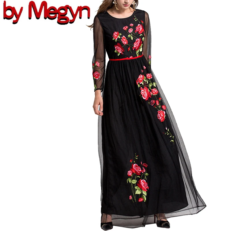 Осень, женское длинное черное модное платье с длинным рукавом и поясом, Женское Платье макси с цветочной вышивкой, рождественские платья - Цвет: Black