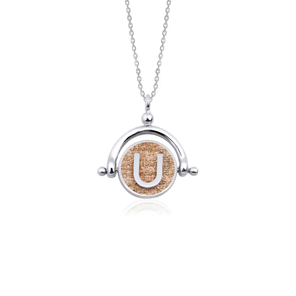 

Tash, U Letter Necklace, Silver Necklace, Bronze Zircon Stone Double Sided Pendant chain Length 70 cm