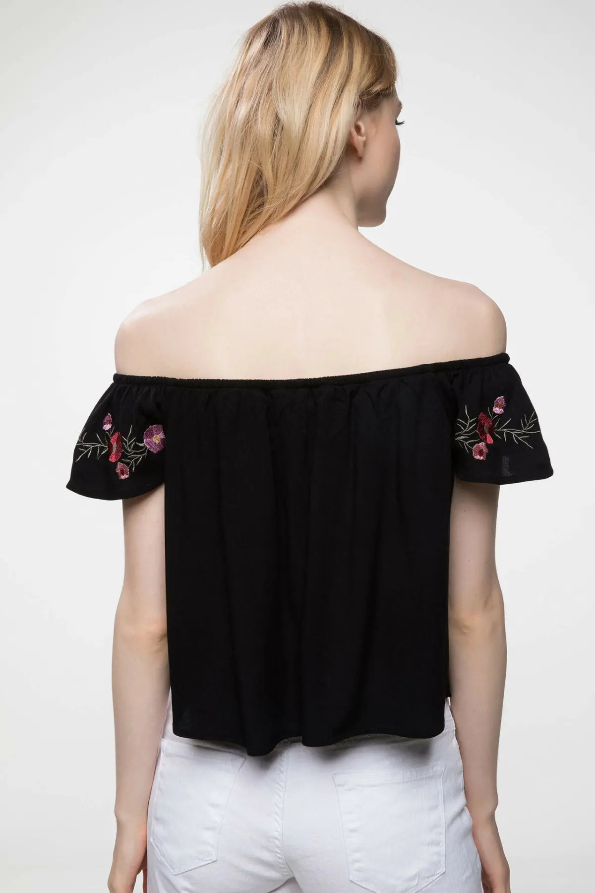  DeFacto Women Summer Off-shoulder Short Sleeve Black Blouse Ladies Embroidered Sexy Short Tops Wome