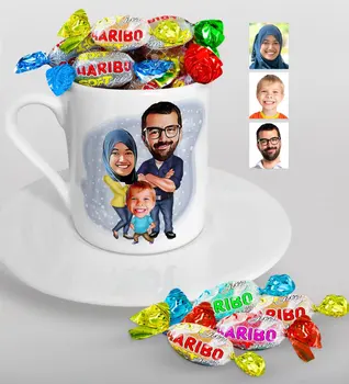 

Personalized Veil Family Caricature Of Turkish Coffee cup And Haribo Candy Gift Seti-1