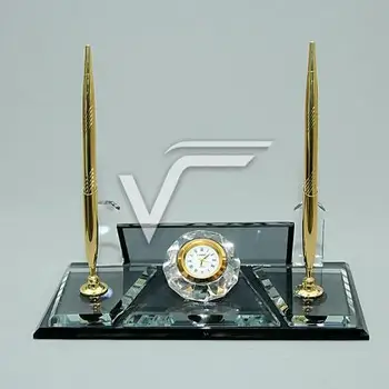 Crystal Table Name Desk-Set Black Glass It will add Prestige to your Table with its Silver and Yellow Color Clock, Double Pen, golfers pen set with clock