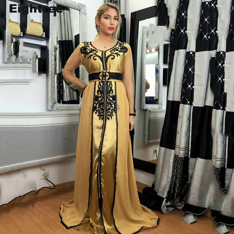 

Eightree Moroccan Caftan Evening Dresses Long Sleevees Gold Special Occasion Dress Arabic Lace Appliques Evening Party Gowns
