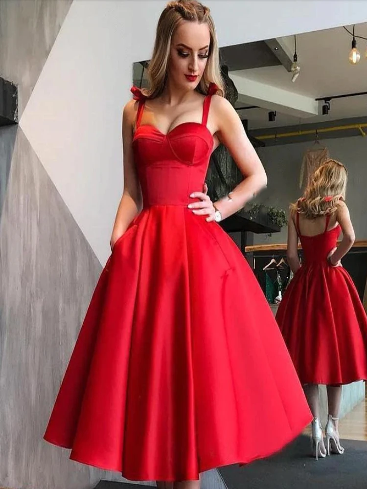 Red Dresses For Woman Party Gowns Bow Straps Short Dresses Sweetheart Neck A-Line Prom Evening Dresses hobo ball gown prom dresses