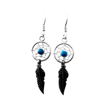 

Sterling silver earrings 925m long 35mm. Dream catcher center stone ball blue feathers oxidized silver