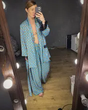 Chaqueta Kimono con estampado azul para mujer, trajes con mangas de plumas, pantalones de pierna ancha, ropa Vintage de dos piezas, novedad de 2021