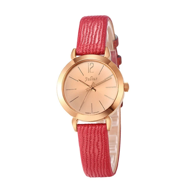 Модные трендовые Женские кварцевые наручные часы, милые розовые круглые часы с кожаным ремешком, женские простые часы, подарок для девочек, Relojes Mujer - Цвет: Красный
