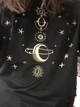 Women's T-Shirts Short-Sleeve Embroidery Black Top White Fashion-Star Korean Casual O-Neck