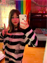 Suéter de punto gótico para Mujer, jerséis largos a rayas, sueltos, rasgados, de talla grande, para Halloween, 200