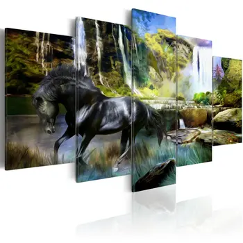 

Picture-steed Black against the background of a waterfall paradisiaca - 100x50 cm