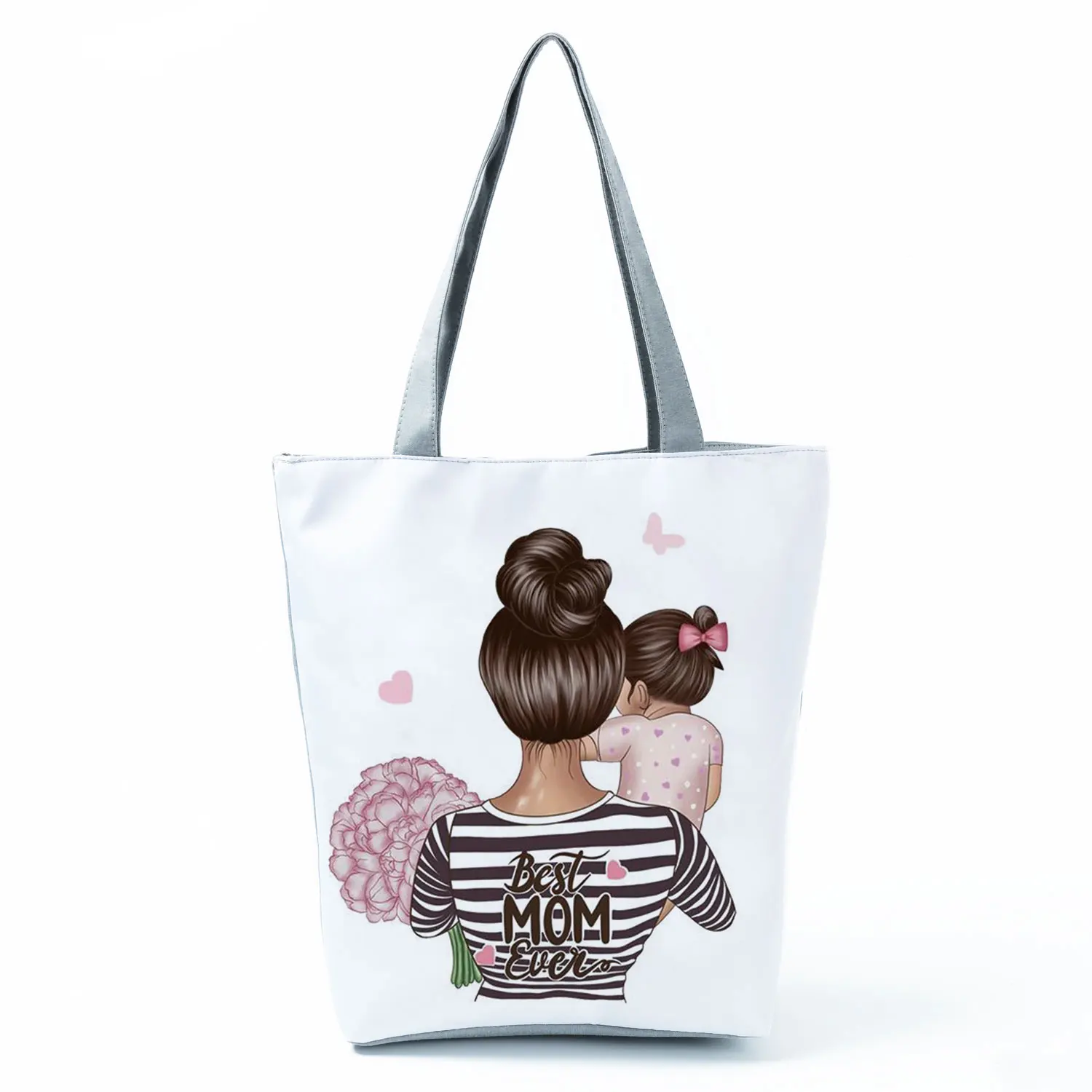 Cute Cartoon Super Mama Print Linen Tote Bag Reusable Shoulder Bags Mom And Baby Fold Women Casual Handbags Lady Fabric Totes