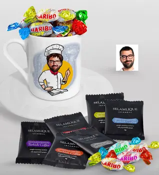 

Personalized Men 'S Chef Caricature Of Turkish Coffee Cup Selamlique Mixed Turkish Coffee house And Haribo Candy Gift Seti-12