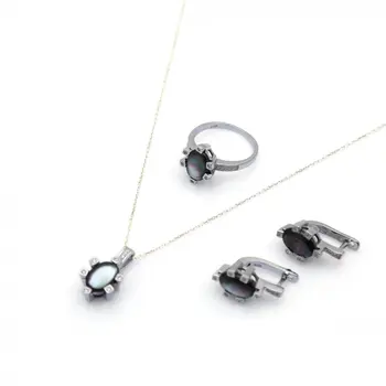 

Dainty Black Opal Ring, Earrings and 40 CM Necklace Set 925 Sterling Silver