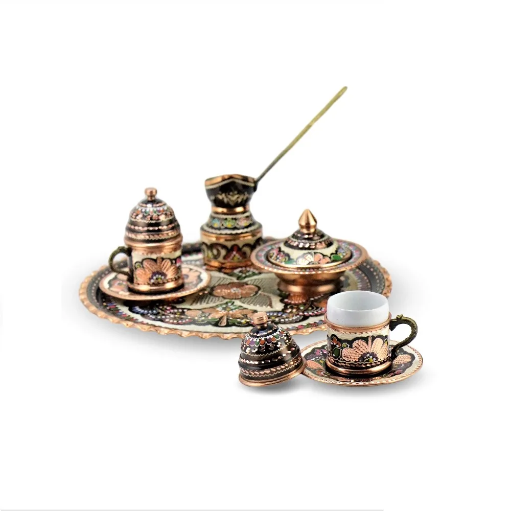 2-Set 2 - (9 PCS) Copper Turkish Tea Coffee Espresso Cups Set Anatolian Arabic Coffee Cups Set Ottoman Tea Sets MADE IN TURKEY