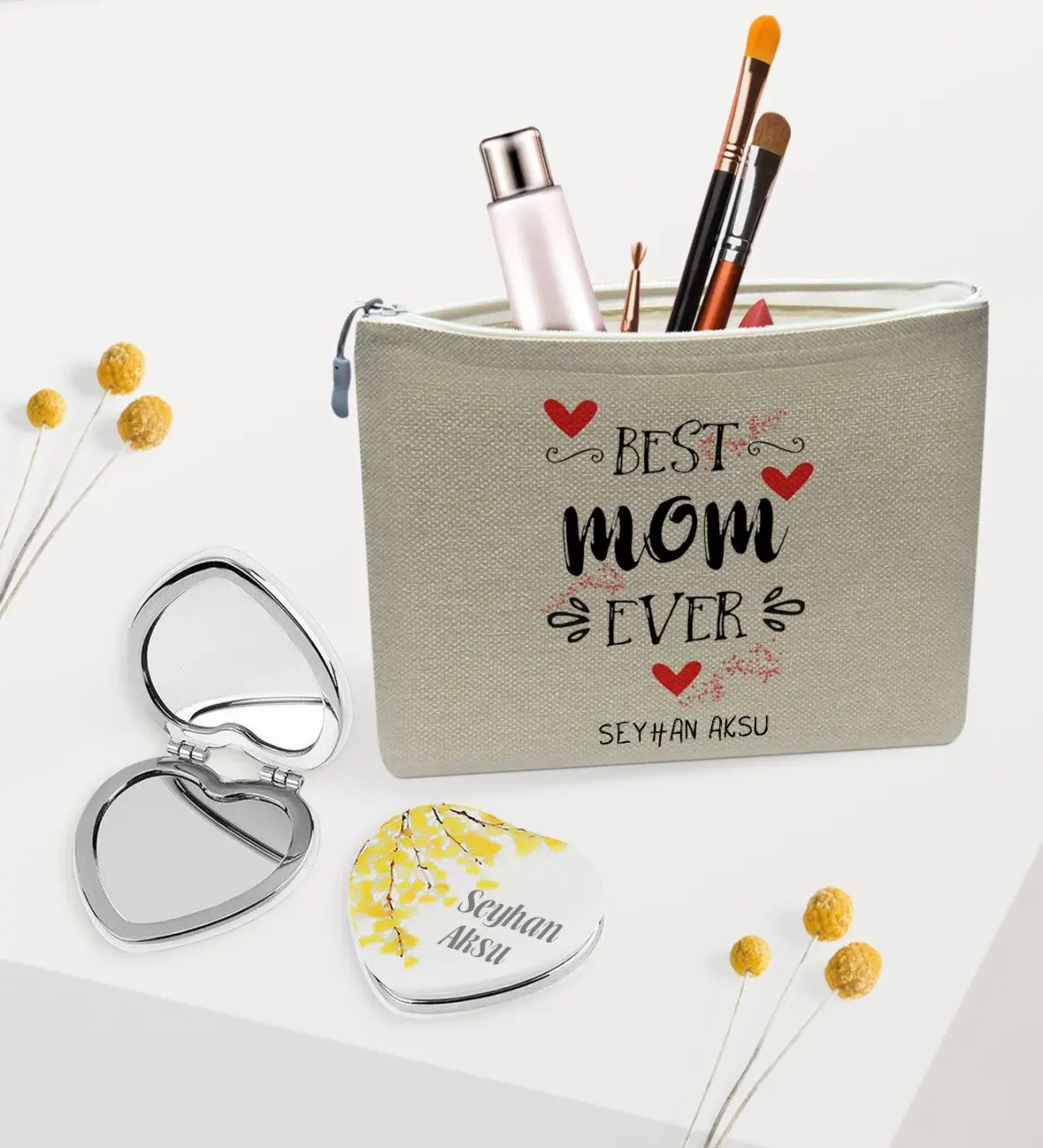 Personalized Best Mother Linen Makeup Bag and Heart Mirror Gift Seti-3 | Дом и сад