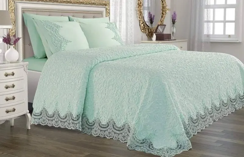 

French Laced Dowry Blanket Set Arus Green FREE SHİPPİNG