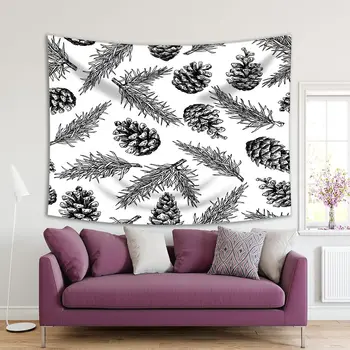 

Tapestry Fir Tree Branches Pine Cone Pattern Botanical Nature Holiday Artwork Black and White