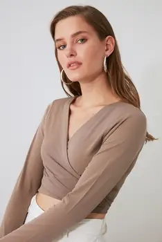 

TRENDYOLMİLLA Women Tops Blouse Mink Lacing Detail Long Sleeves Knitted Blouse