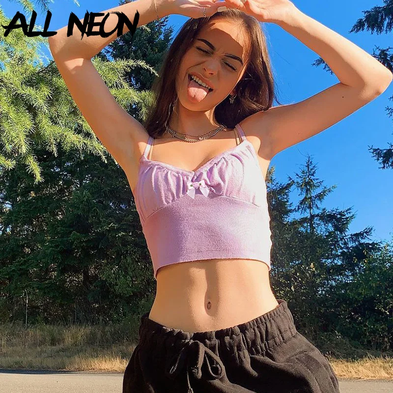 ALLNeon Y2K Fashion Slim Spaghetti Strap Bow Milkmaid Tops Cute E-girl Vintage Solid V-neck Cropped Tops 90s Fashion Pink Camis