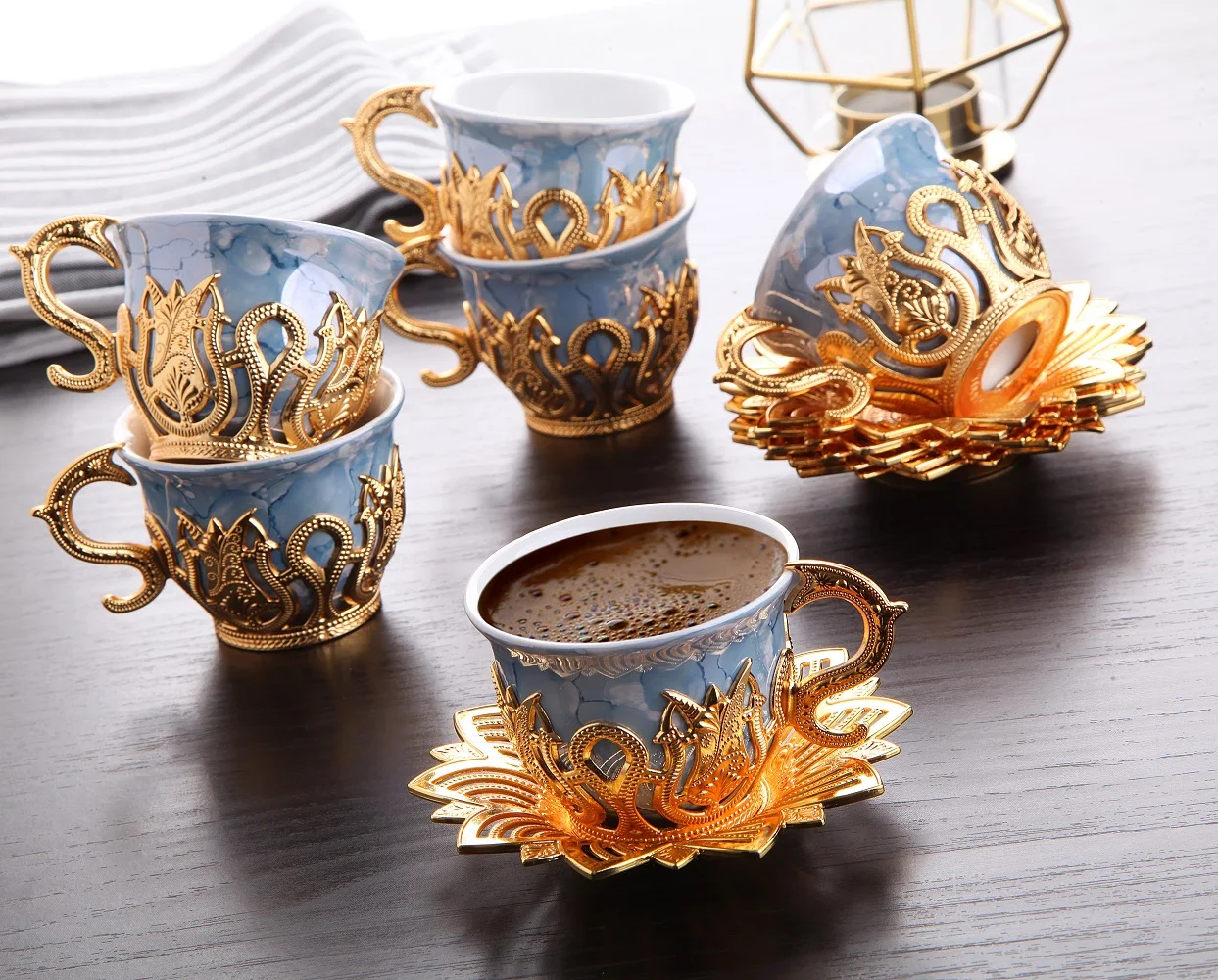 

Turkish Coffee Set - Gold Color- Blue Cups