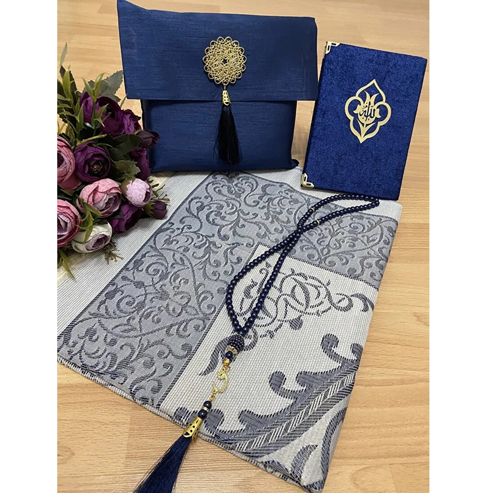 

4PCs Taffeta Mat Muslim Prayer Rug Set Eid Ramadan Gift Bag Surah Yasin Book 99 Beaded 6 Mm Rosary Wholesale Islamic Items