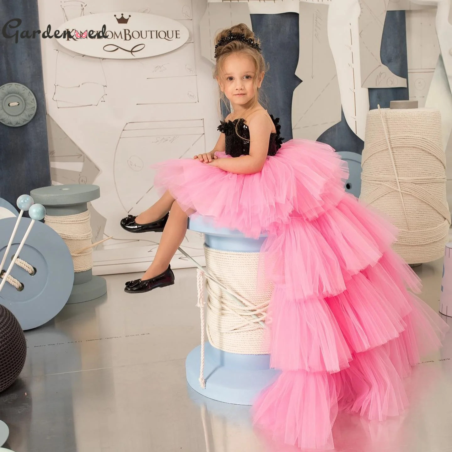 

Gardenwed Pink Flower Girl Dress Puffy Girls Princess Wedding Party Dress Girl Birthday dresses with Detachable Train