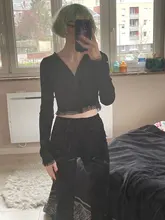 InsGoth-chaqueta negra Vintage de encaje gótico para mujer, Rebeca Sexy Harajuku de manga larga con cuello de pico, Top corto, cárdigan de punto abotonada