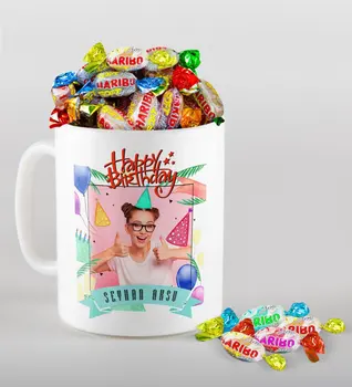 

Personalized Photo Birthday Theme Mug and Haribo Fruitbons Candy Gift Seti-6