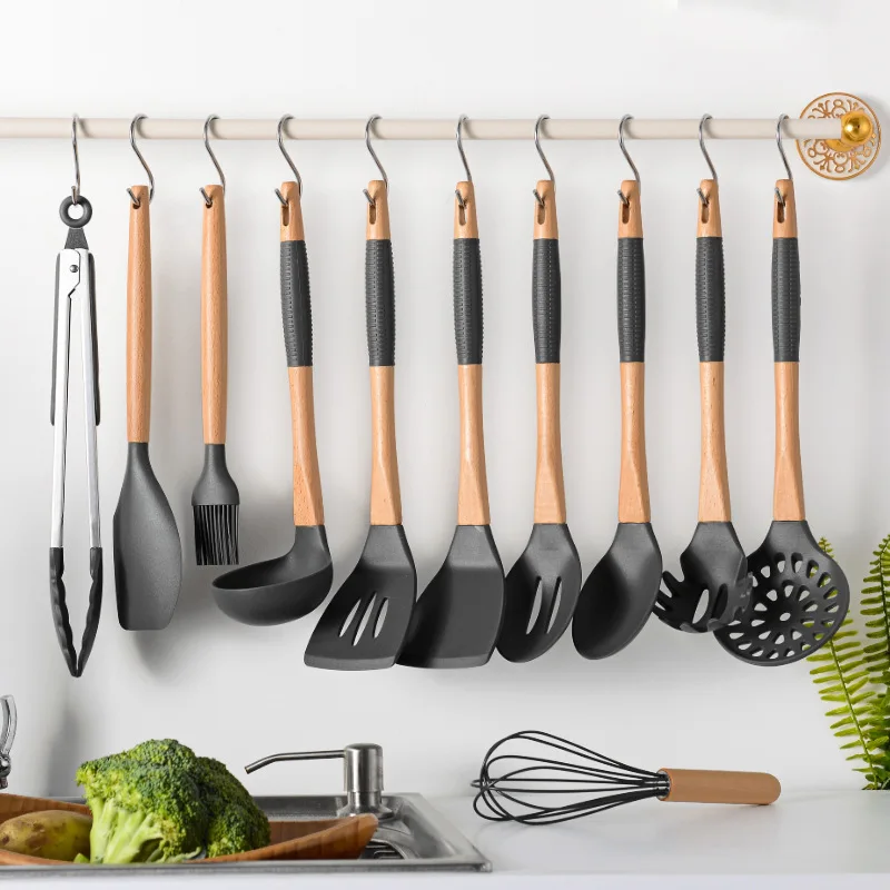 

Non-stick Silicone Cooking Utensils Set Wooden Handle Heat-resistant Spatula Shovel Spoon Colander Cooking Tool Set Kitchen Tool