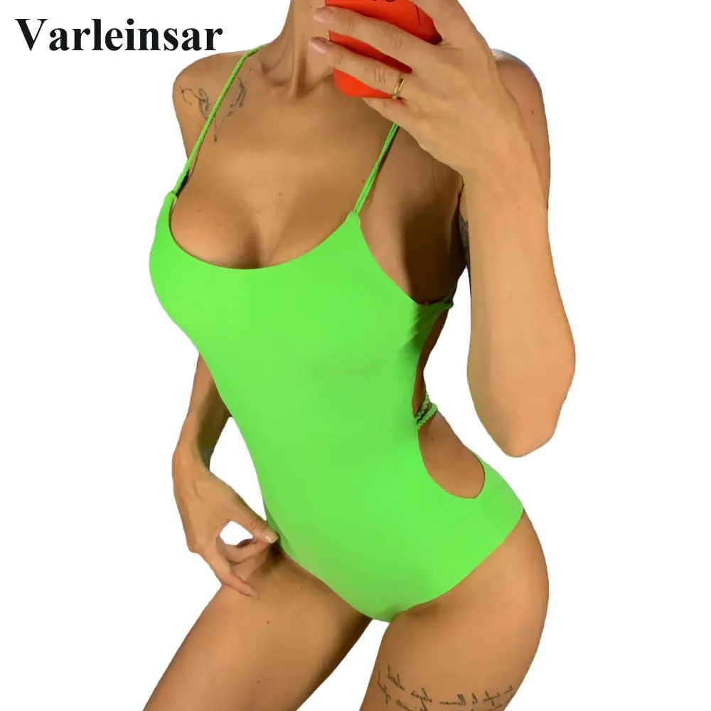 One-Piece Swimsuit Neon Pink Green Sexy Women V127G Braided-Strap Cross-Back Female Lady