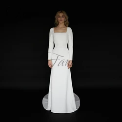 Square Collar Long Sleeve Backless Wedding Dresses Satin Sweep Train Button Simple Bridal Gown robe de mariée vestidos платье