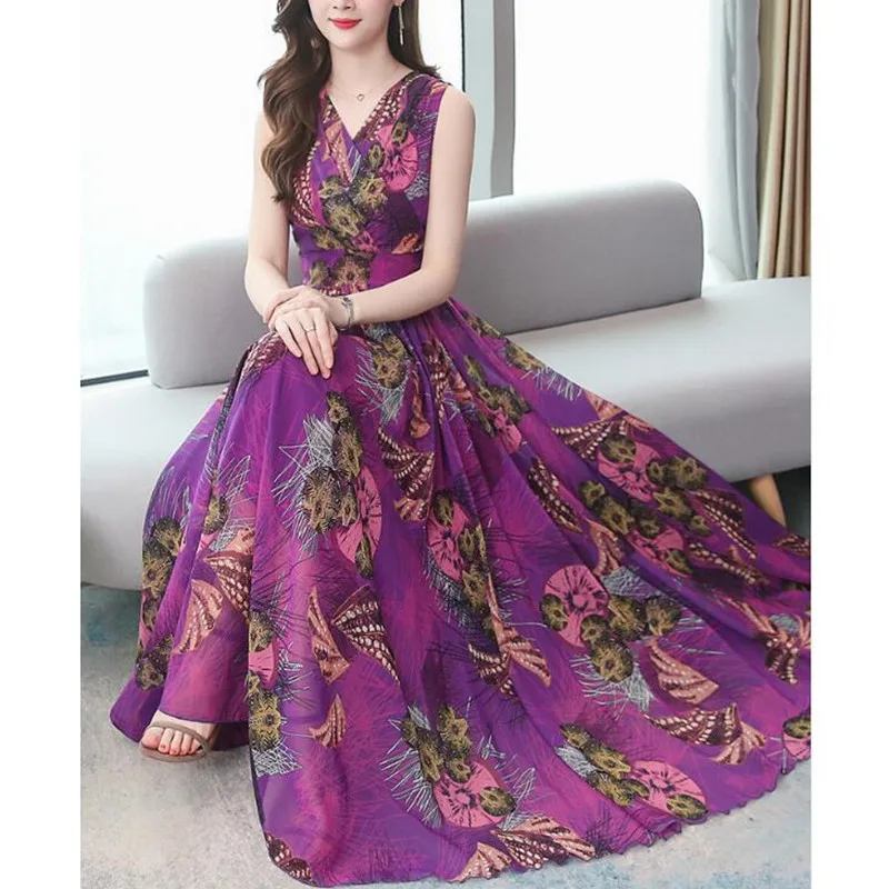 

2020 Корейская версия новой моды темперамент v-образным вырезом без рукавов Тонкий похудение длинные Качели Шифоновое платье для женщин