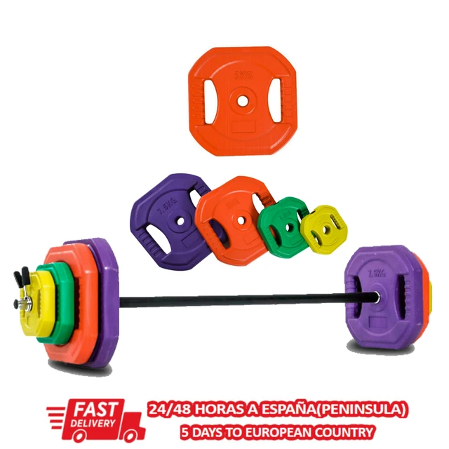 SET OF WEIGHTS AND BARS, FROM 20 TO 50 KG, RUBBER COVERED, 57 OFF