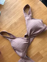 Peachtan-bikinis de cintura alta para mujer, bañador Sexy acanalado liso, traje de baño deportivo para mujer con cuello de pico, bikini a rayas 2021