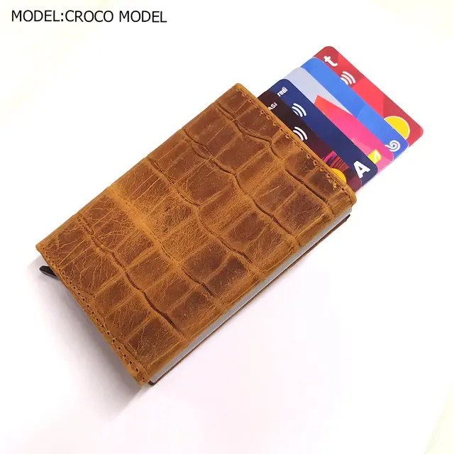 Smart Wallet Business Card Holder Real Cow Leather Handmade Smart Automatic Card Holder Men Gift Croco Tan