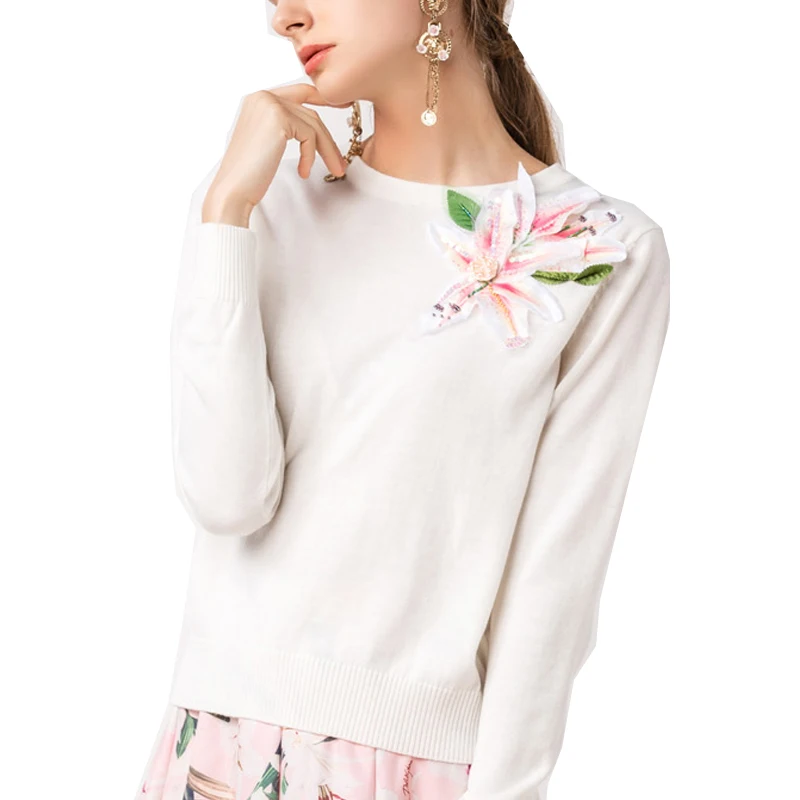 White sweater Вязаный женский модный элегантный свитер с длинным рукавом и цветочным принтом, повседневный женский свитер, шерстяной стильный милый свитер - Цвет: White sweater