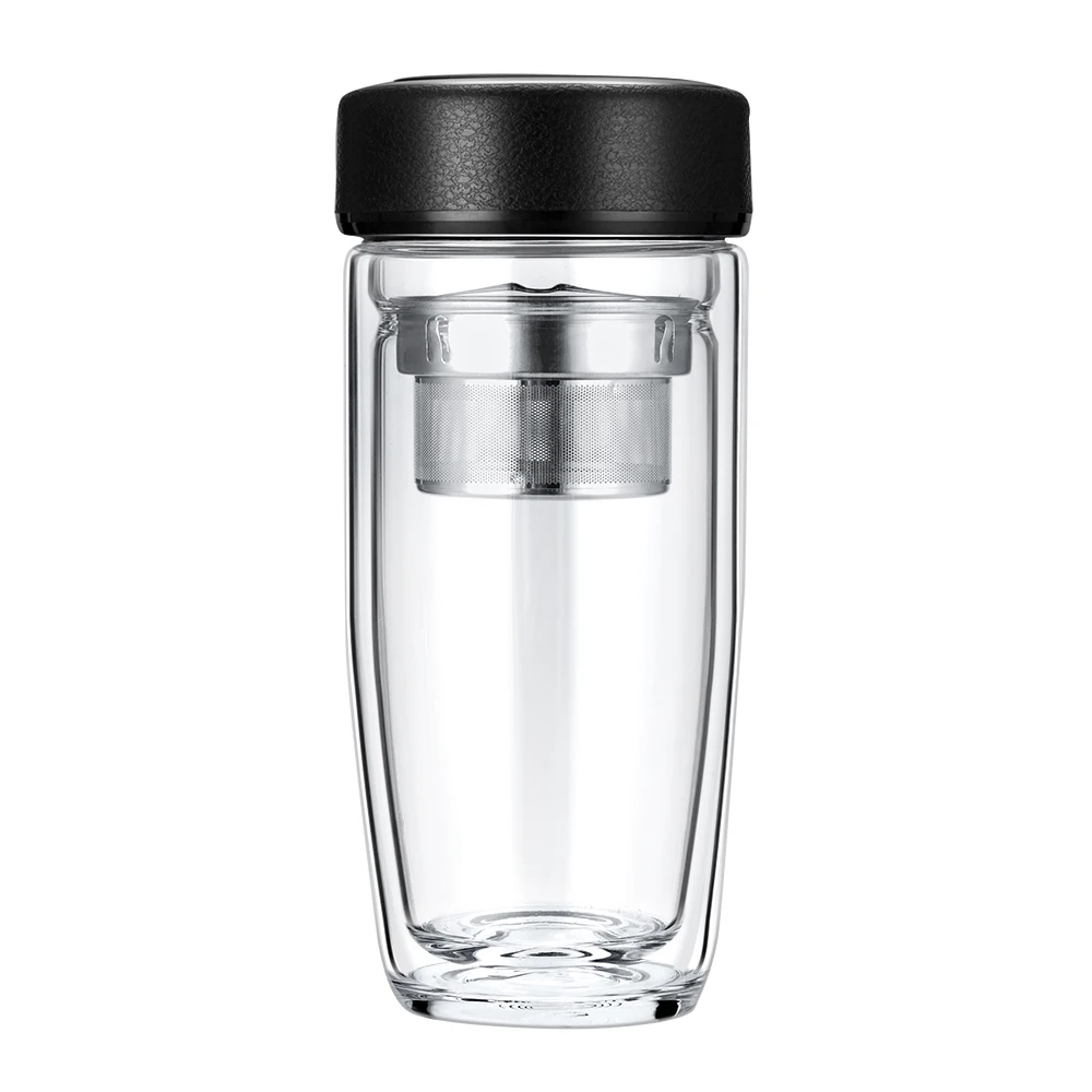 Tea and coffee glass thermos 360ml, double wall bottle with strainer