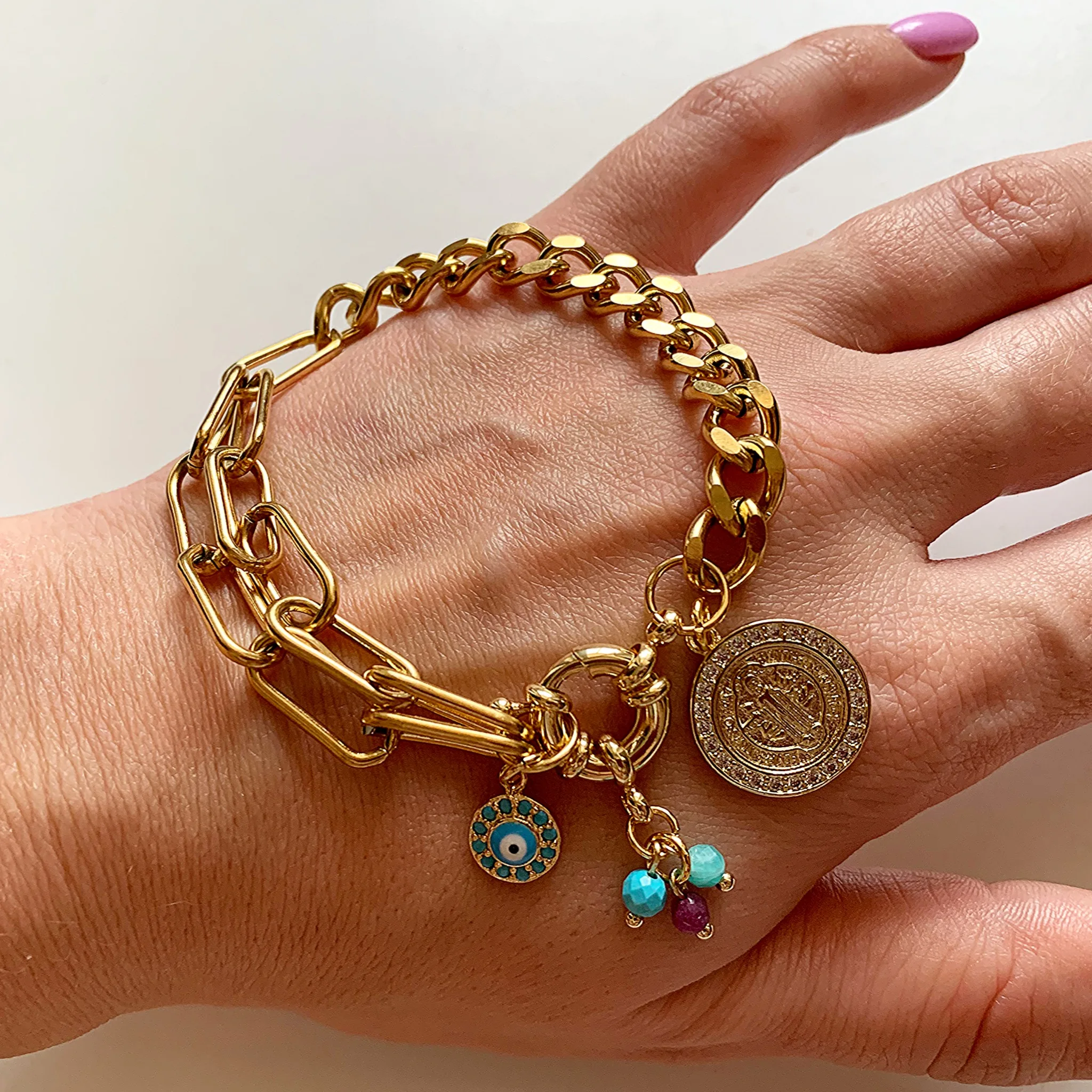 Браслет OS из Хирургической Стали с Покрытием Золотом 18К и Натуральным Рубином